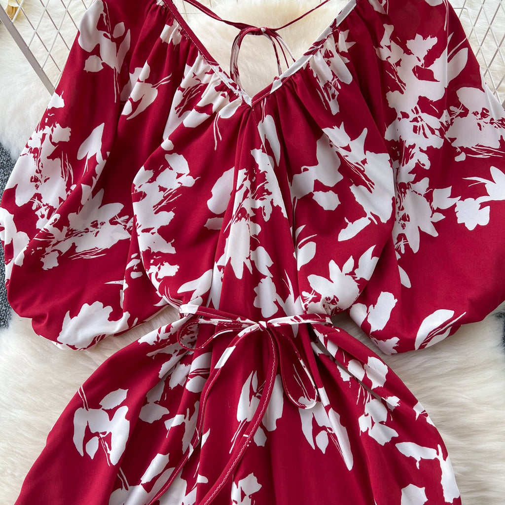 V-neck Pattern Printed Vintage Dress