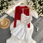 Cardigan&Floral Camisole&Skirt 3Pcs