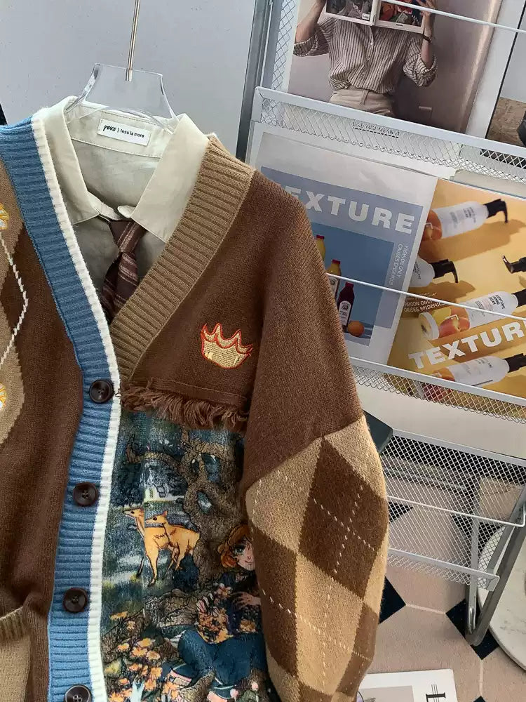 Vintage V-neck Patchwork Cardigan