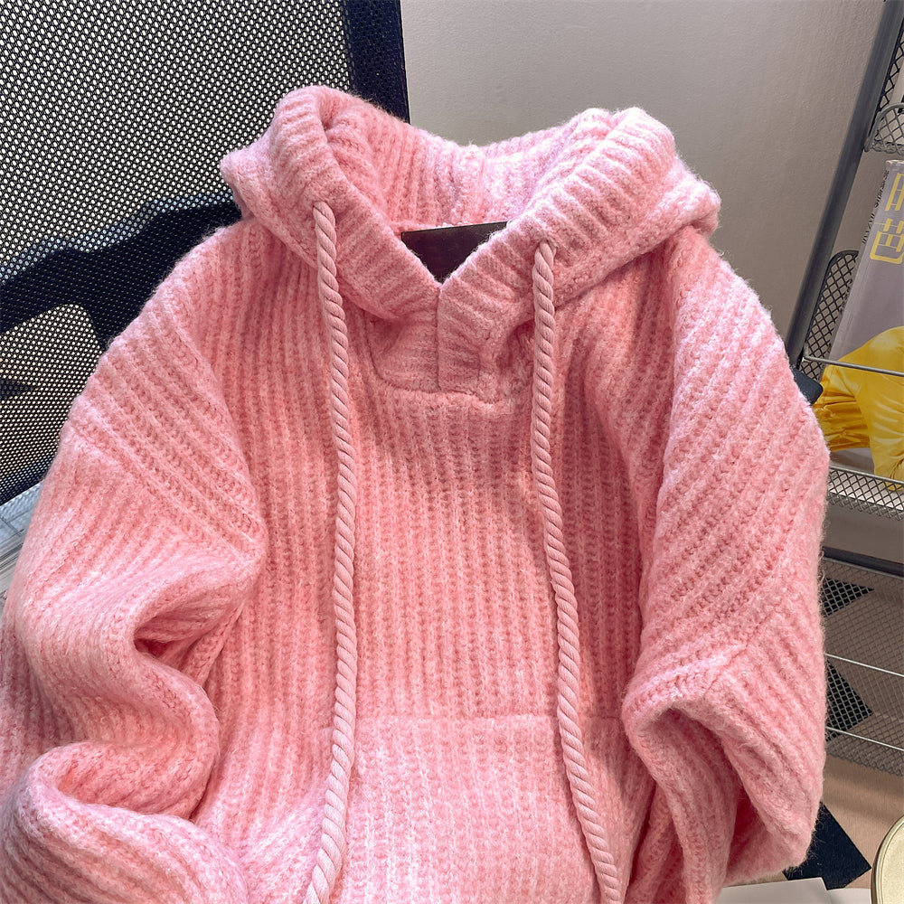 Vintage Thermal Drawstring Hooded Sweater