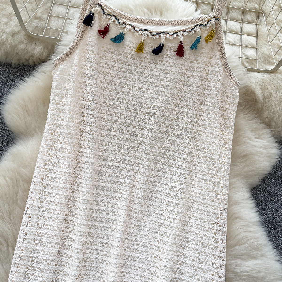 Bohemian Style Hollowed Fringed Slip Dress