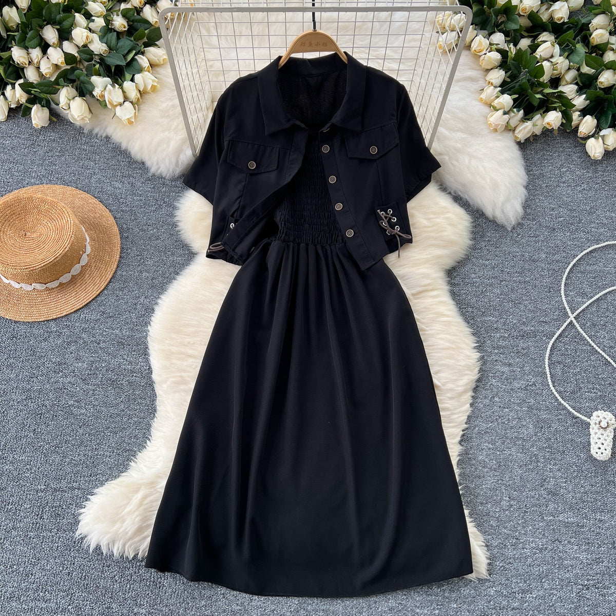 Short Shirt&Pleated Slip Dress 2Pcs