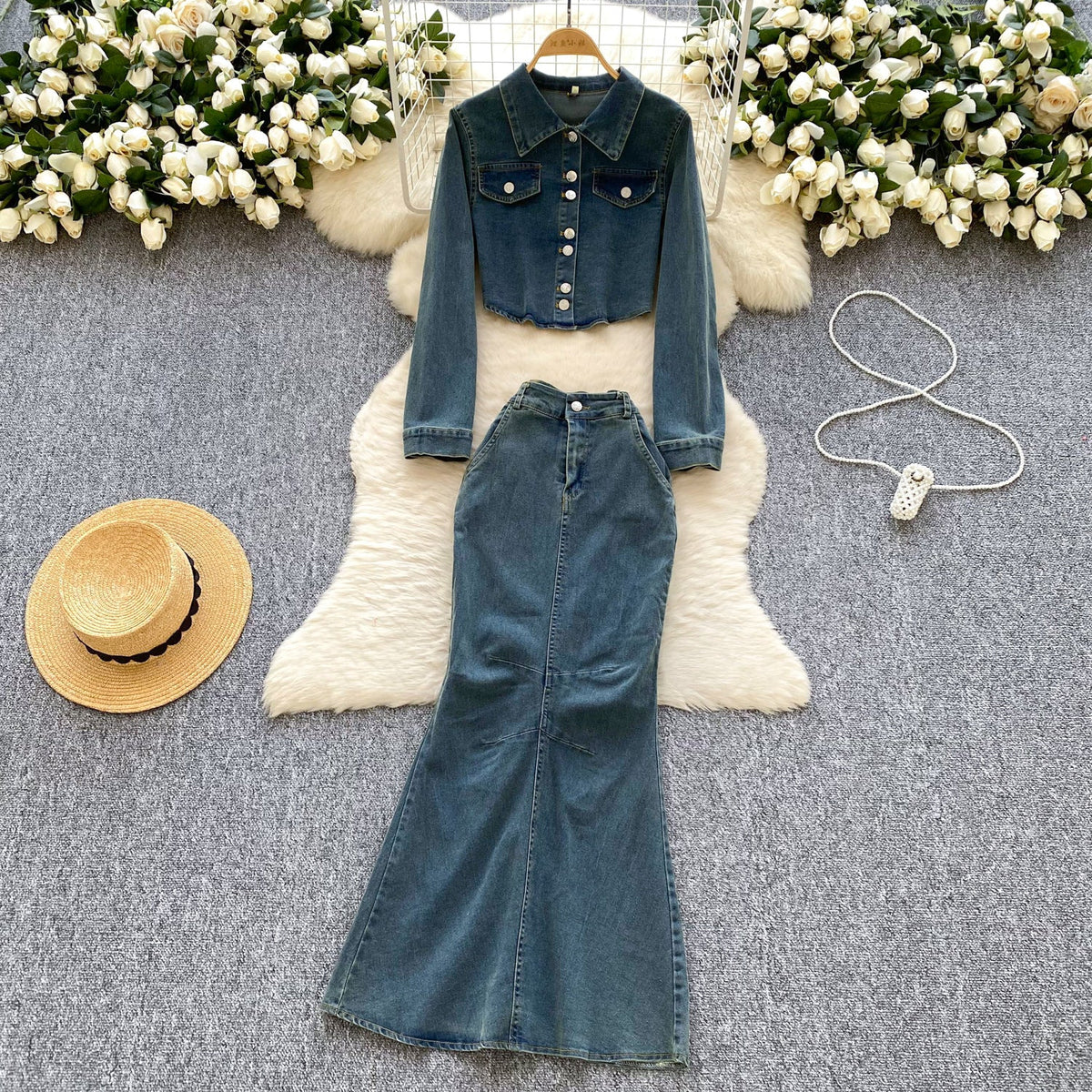 Vintage Denim Shirt & Fishtail Skirt 2Pcs