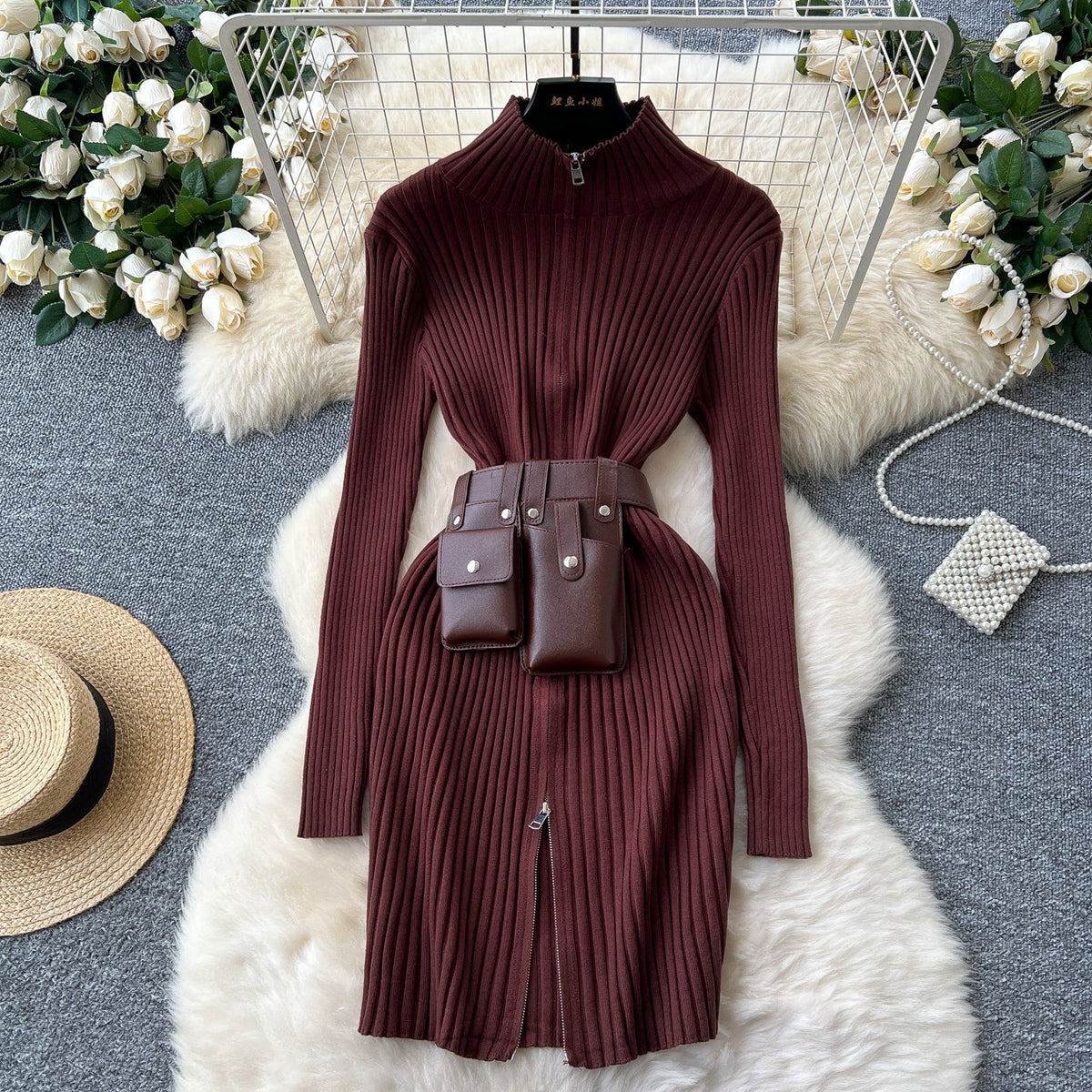 Niche Knitted Dress with Waist Pack