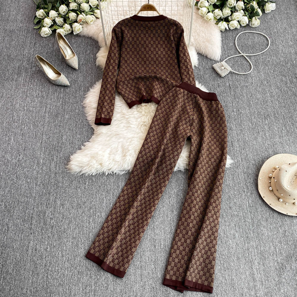 Plaid Cardigan&Wide-leg Trousers 2Pcs