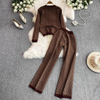 Plaid Cardigan&Wide-leg Trousers 2Pcs