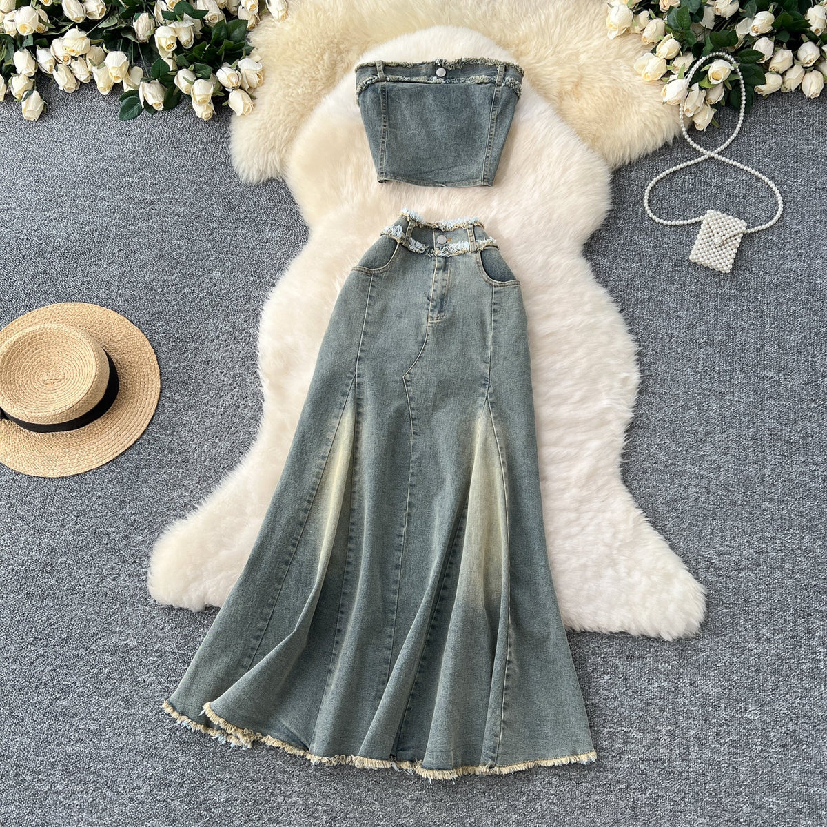 Tank Top & Fringed Skirt Denim 2Pcs