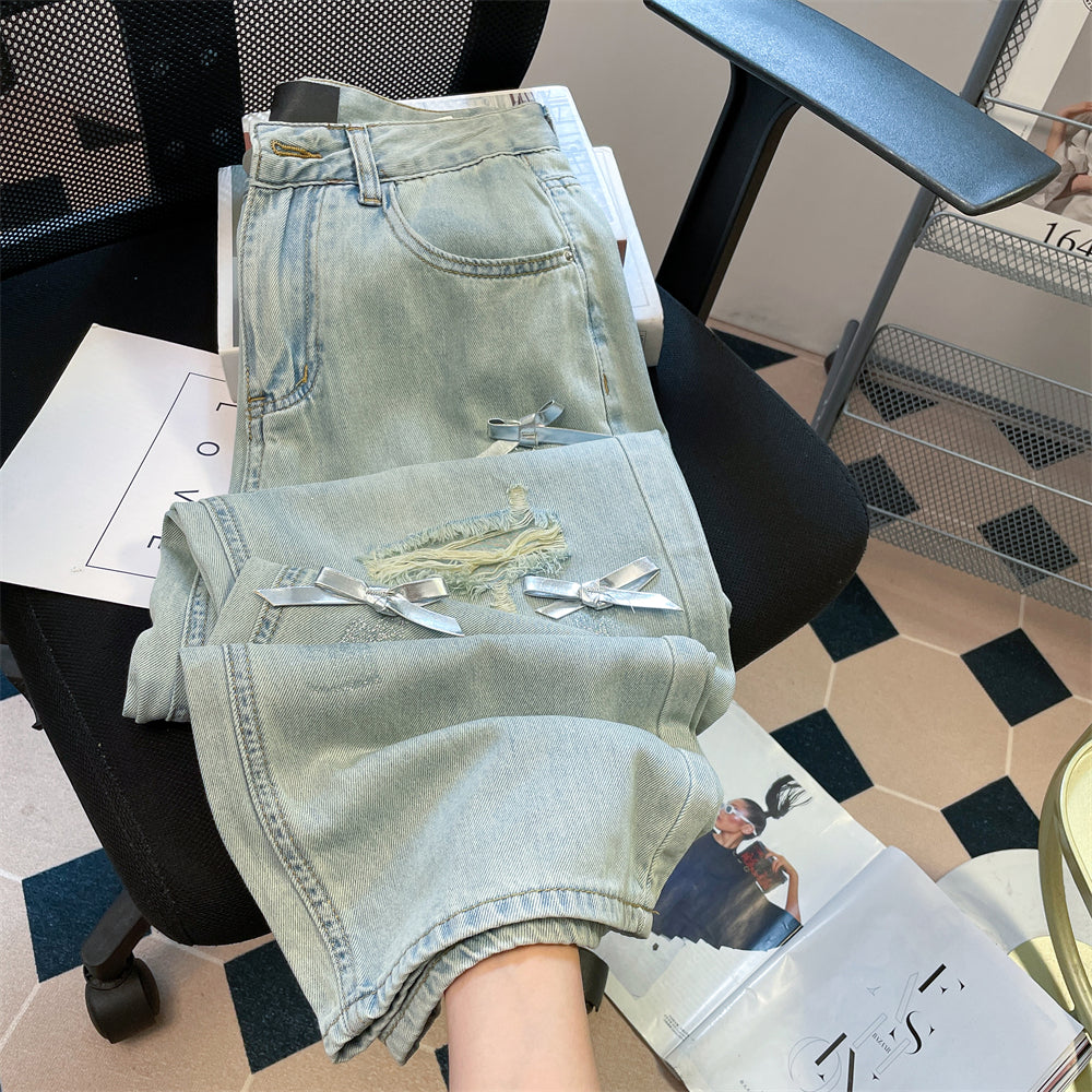 Bow Patched Ripped Draped Jeans