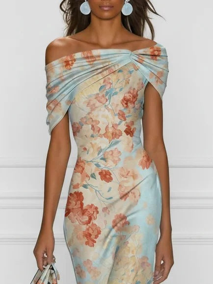 Floral Print Off‑Shoulder Midi Dress Women Twisted Knot Fishtail Satin Party Dress
