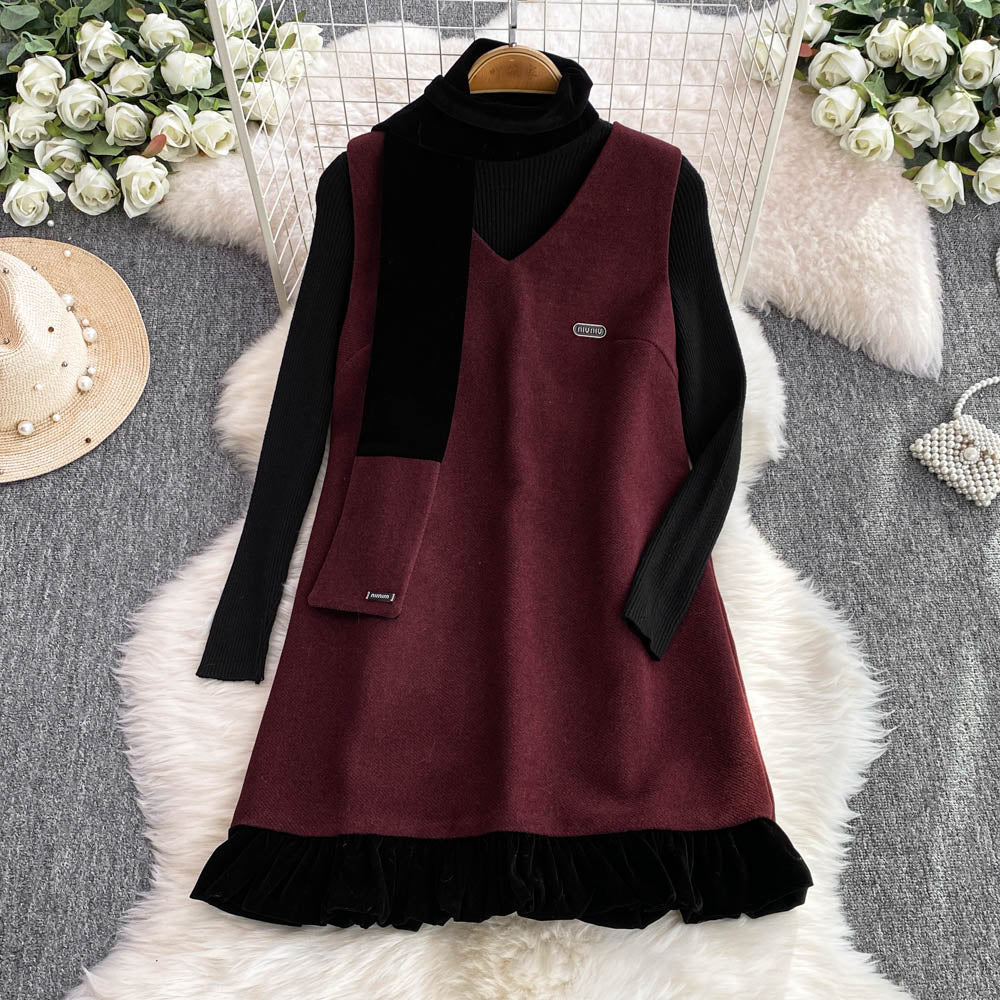 Patchwork Vest Dress&Black Sweater 2Pcs