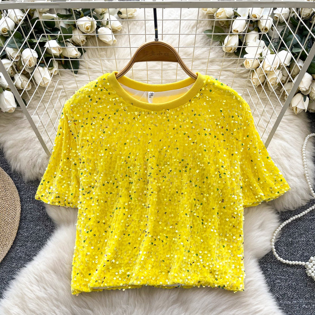 Crew Neck Sequined Short T-shirt