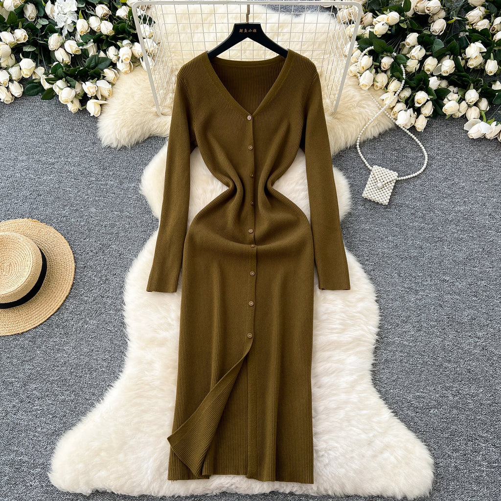 V-neck Single-breasted Cardigan Dress
