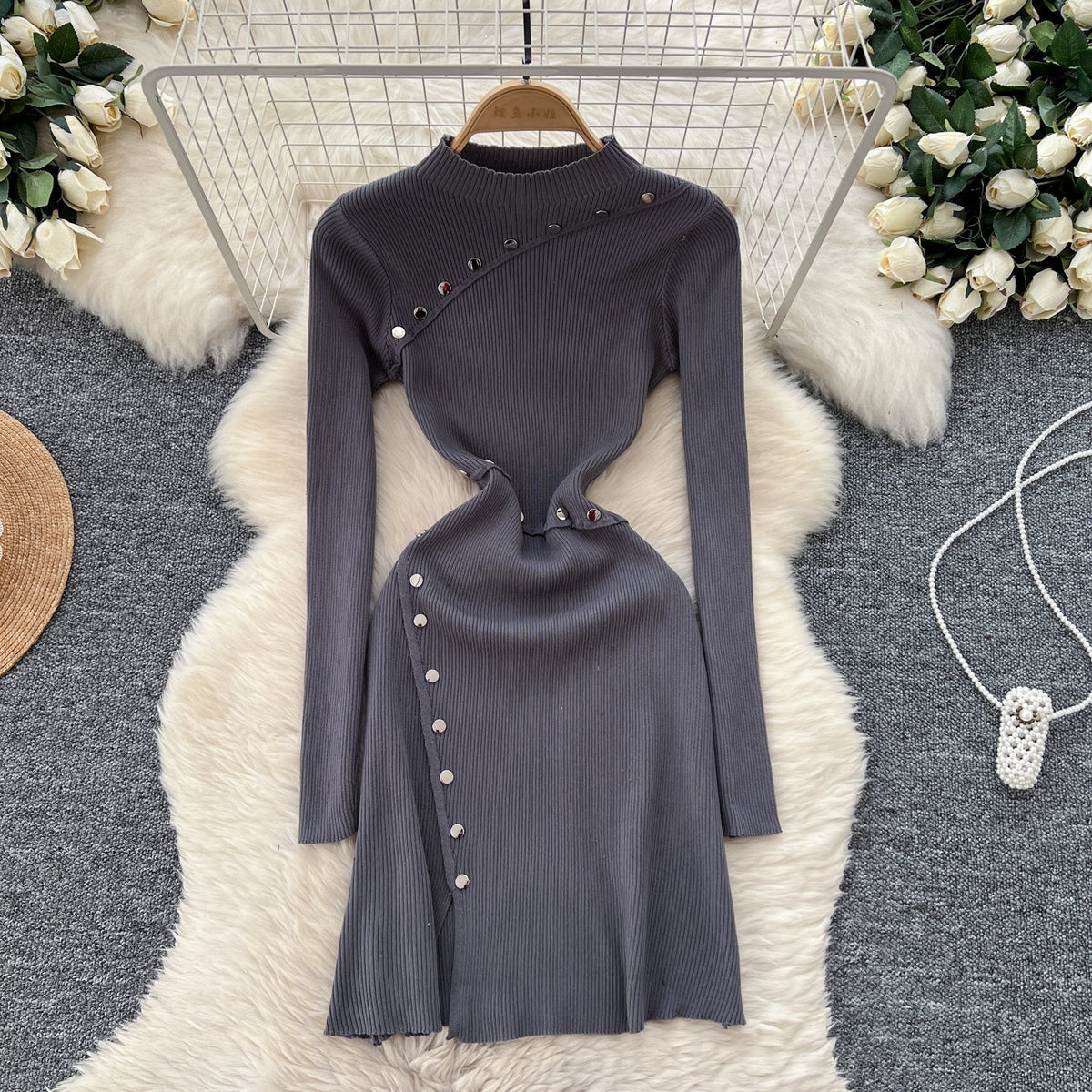 Half Turtleneck Metal Button Knitted Dress