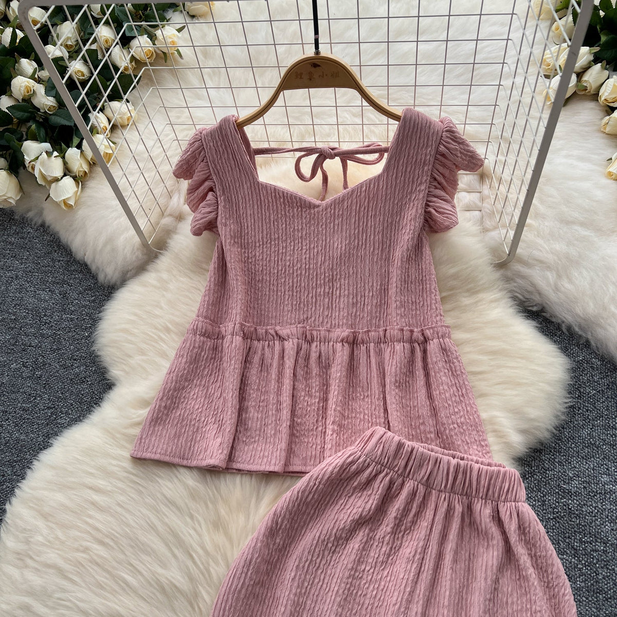 Loose Top&Trousers Solid Color 2Pcs