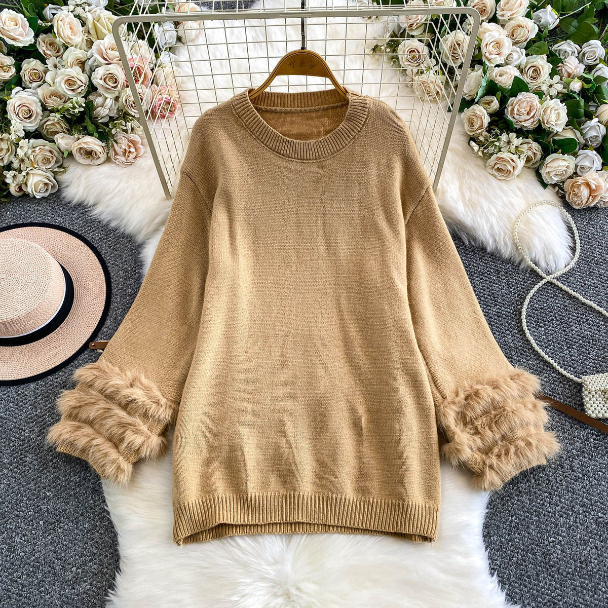 Furry Cuff Sweater with Waistband