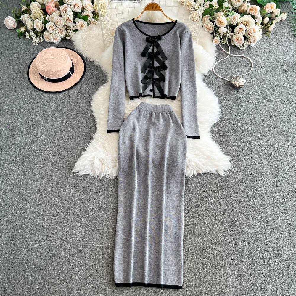 Lace-up Cardigan&Half-body Skirt 2Pcs