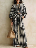 Black White Stripe Long Sleeve Crop Top & Wide Leg Pants Set Two‑Piece Outfit