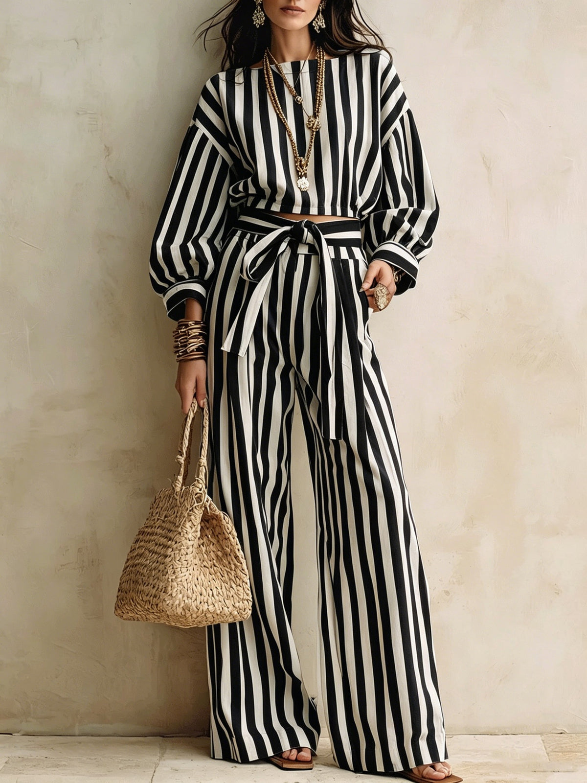 Black White Stripe Long Sleeve Crop Top & Wide Leg Pants Set Two‑Piece Outfit