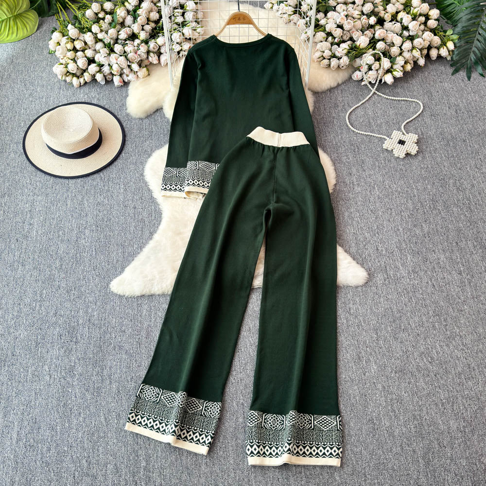 Sweater&Trousers Color-blocking Embroidered 2Pcs