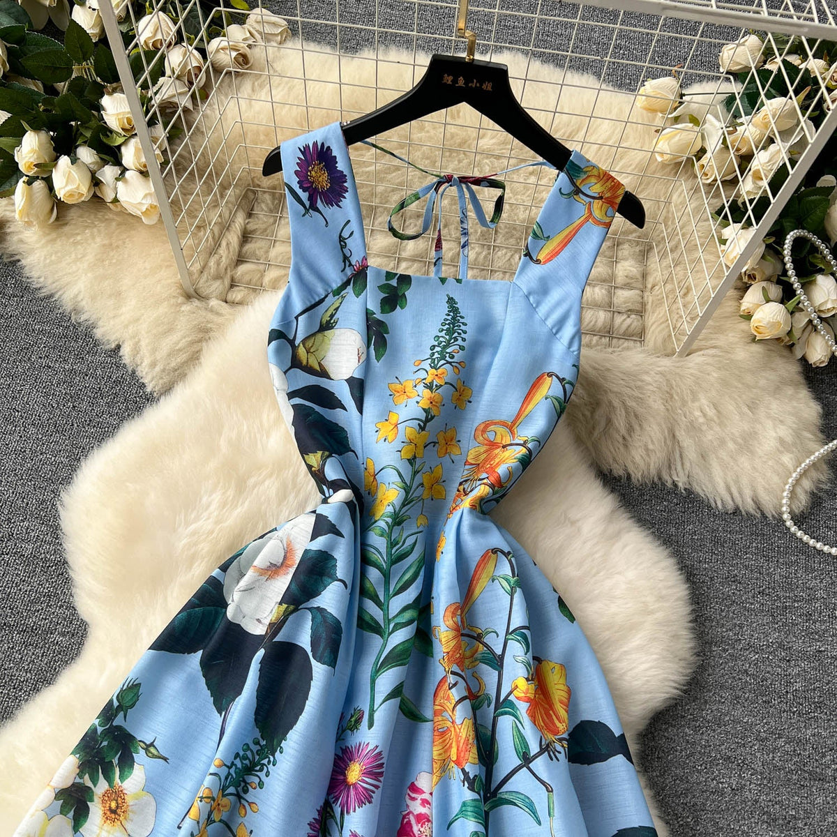 Delicate Floral Printed Vest Dress