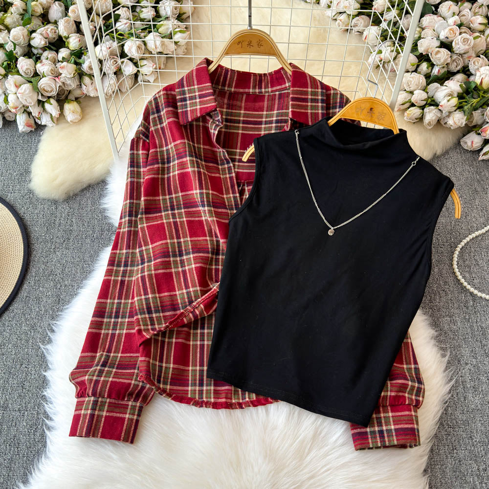 Plaid Shirt&Sleeveless Bottoming 2Pcs