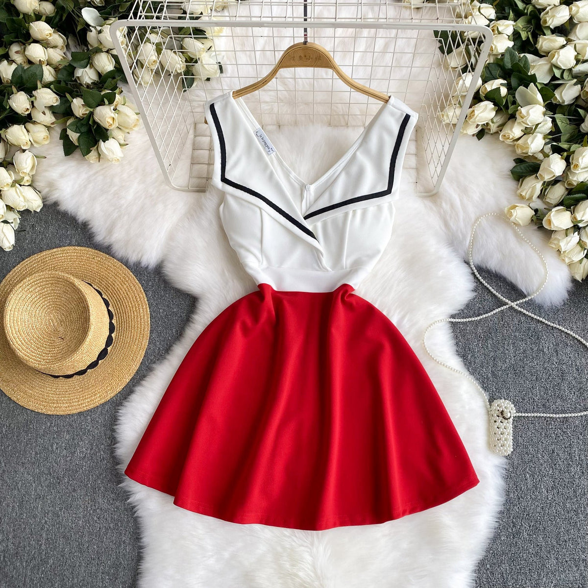 Navy Collar Color Blocking Dress