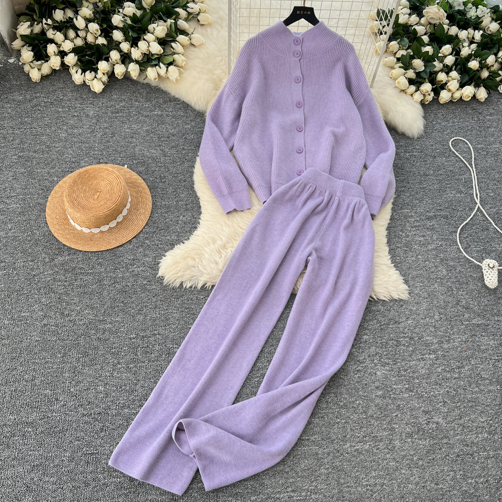Turtleneck Cardigan&Wide-leg Trousers 2Pcs