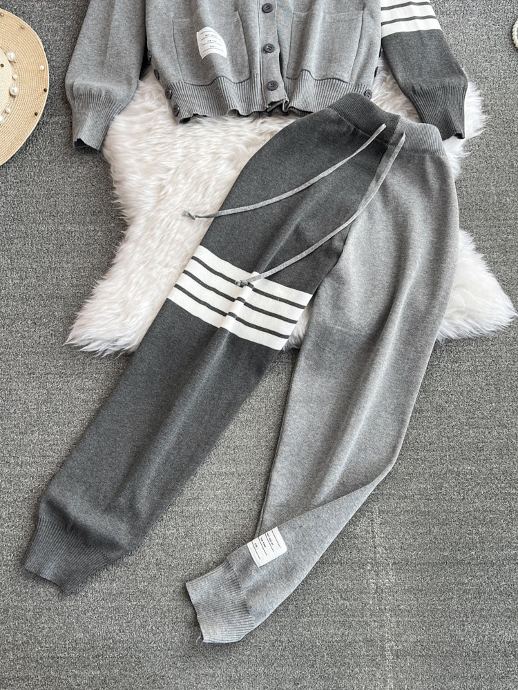 V-neck Cardigan&Drawstring Trousers 2Pcs