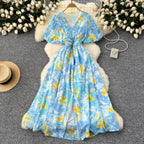 Vintage V-neck Draped Floral Dress