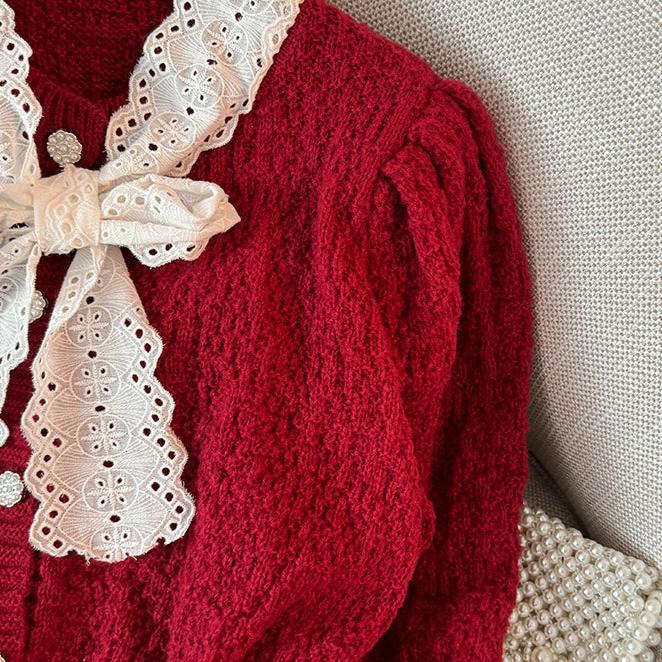Lace Bow-tie Christmas Red Cardigan