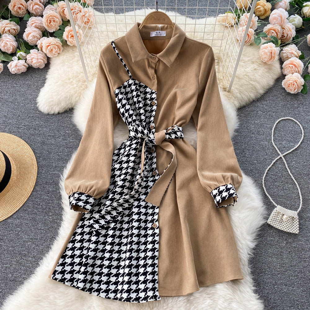Houndstooth Stitching Long Sleeve Dress