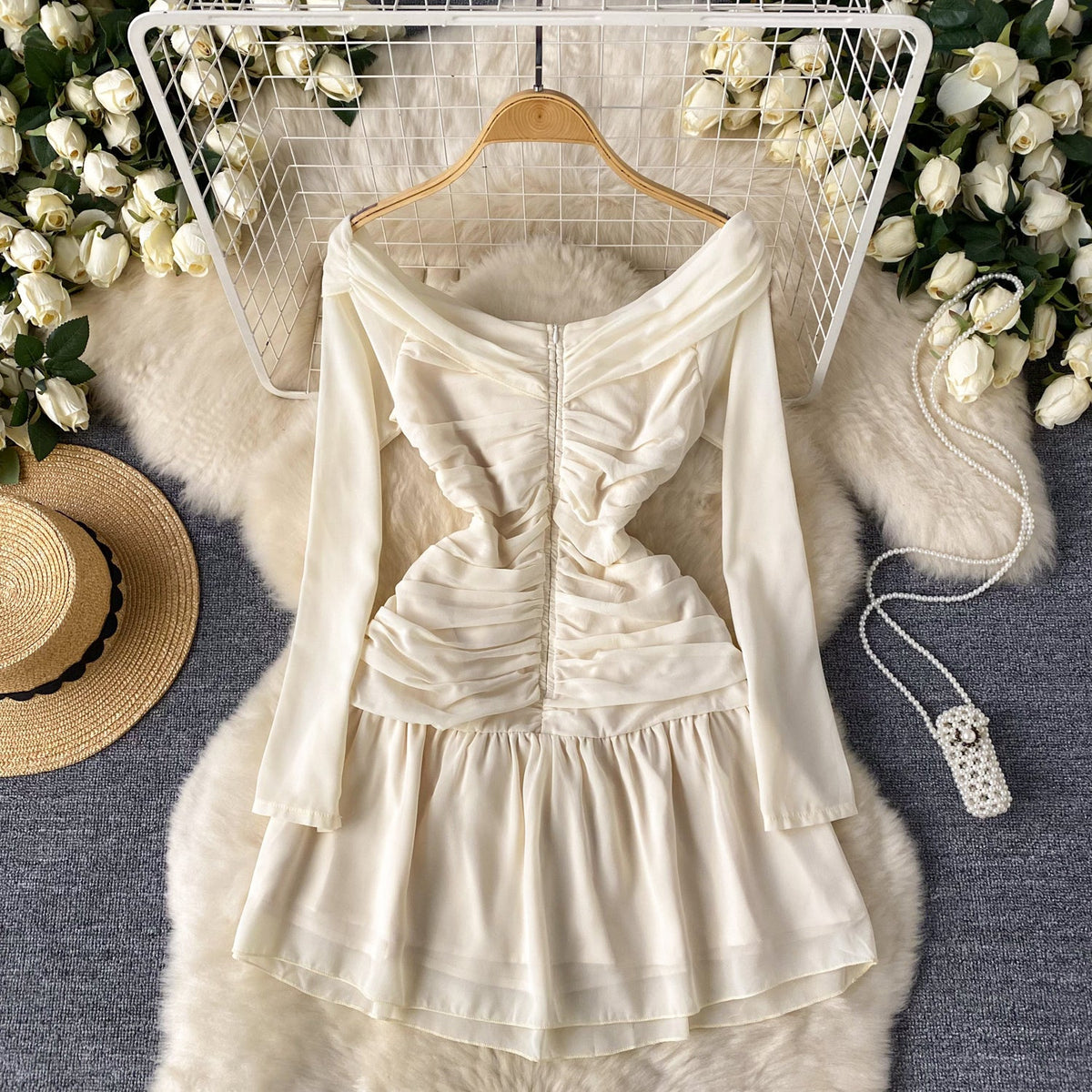 Off-shoulder Bow Hollowed Puffy Sleeve