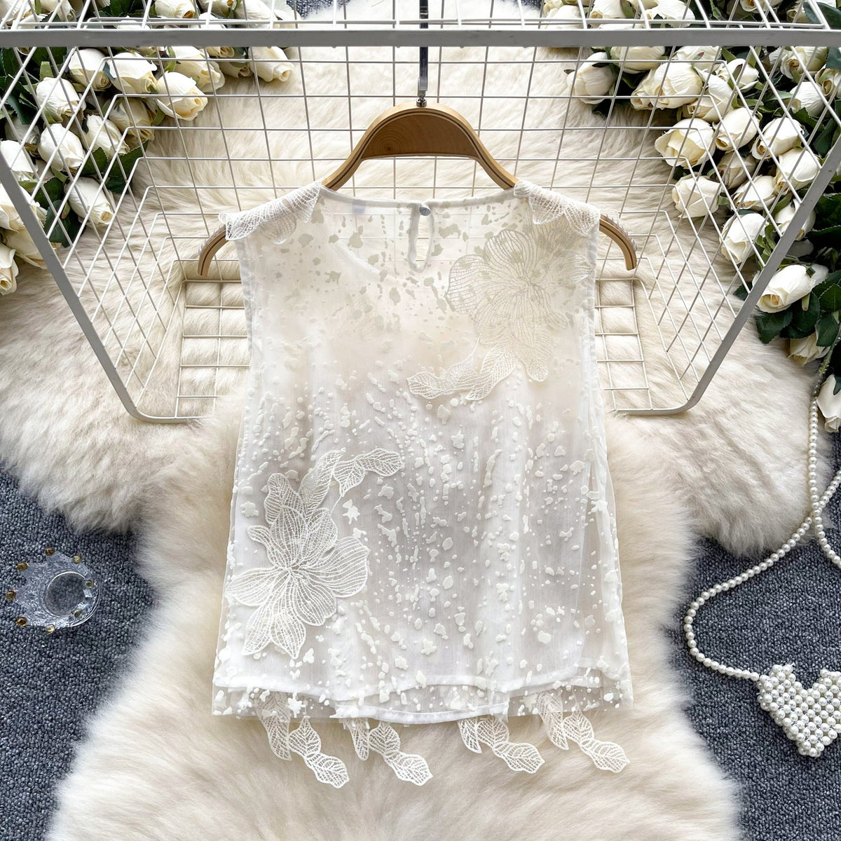 French Style 3d Floral Embroidered Top