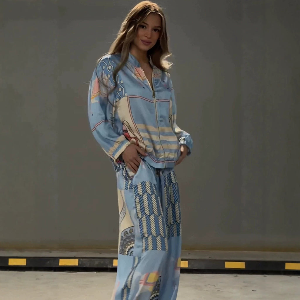 Horse Print Zip Up Long Sleeve Top & Wide Leg Pants Set Women Casual Loose Streetwear Two Piece Outfit