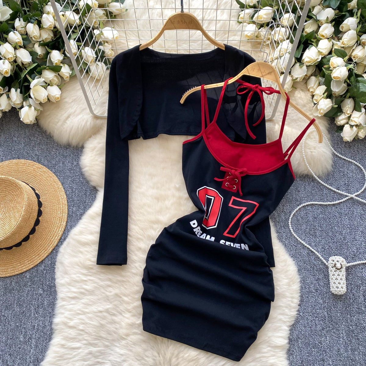 Lace-up Printed Dress&Cape Sexy 2Pcs
