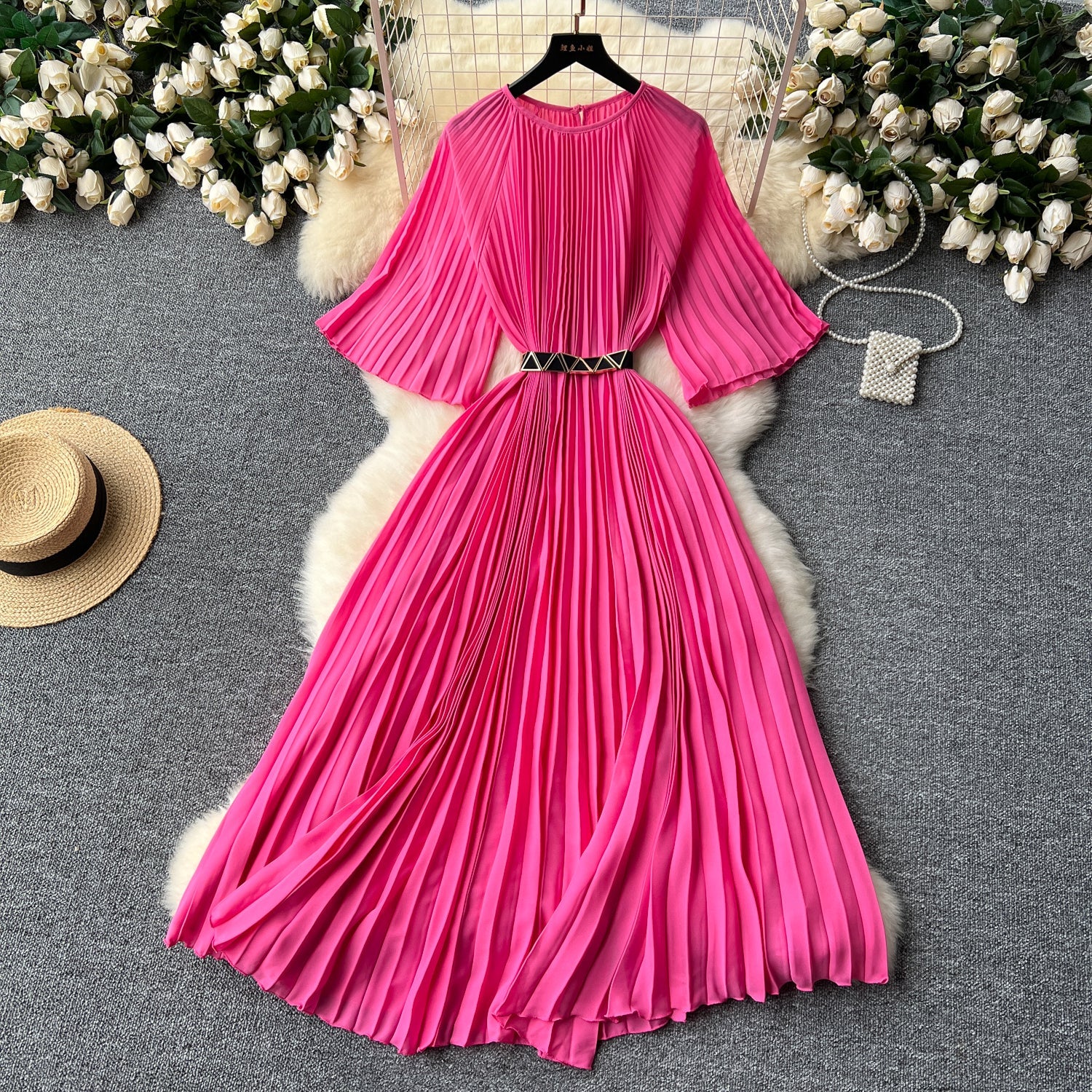 Vintage Solid Color Pleated Dress