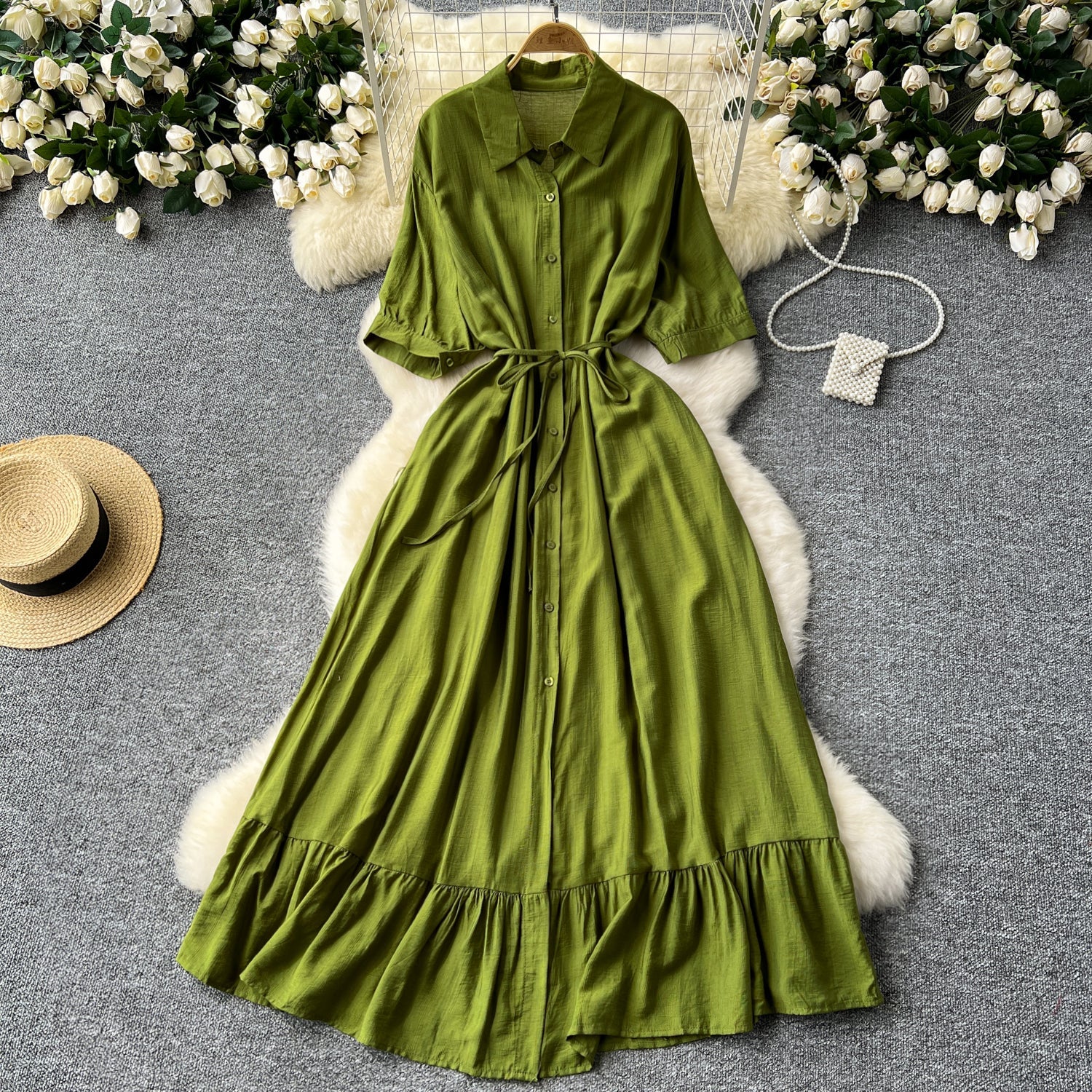 Vintage Solid Color Ruffled Shirt Dress