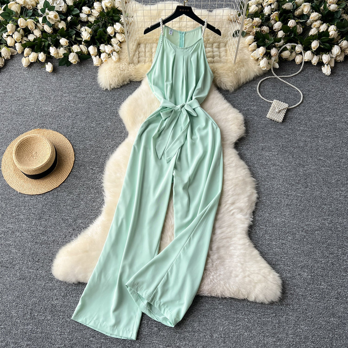 Pearl Strap Pleated Slip Jumpsuit
