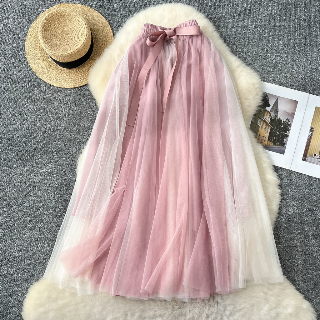 Fairy Color-blocking Puffy Mesh Skirt