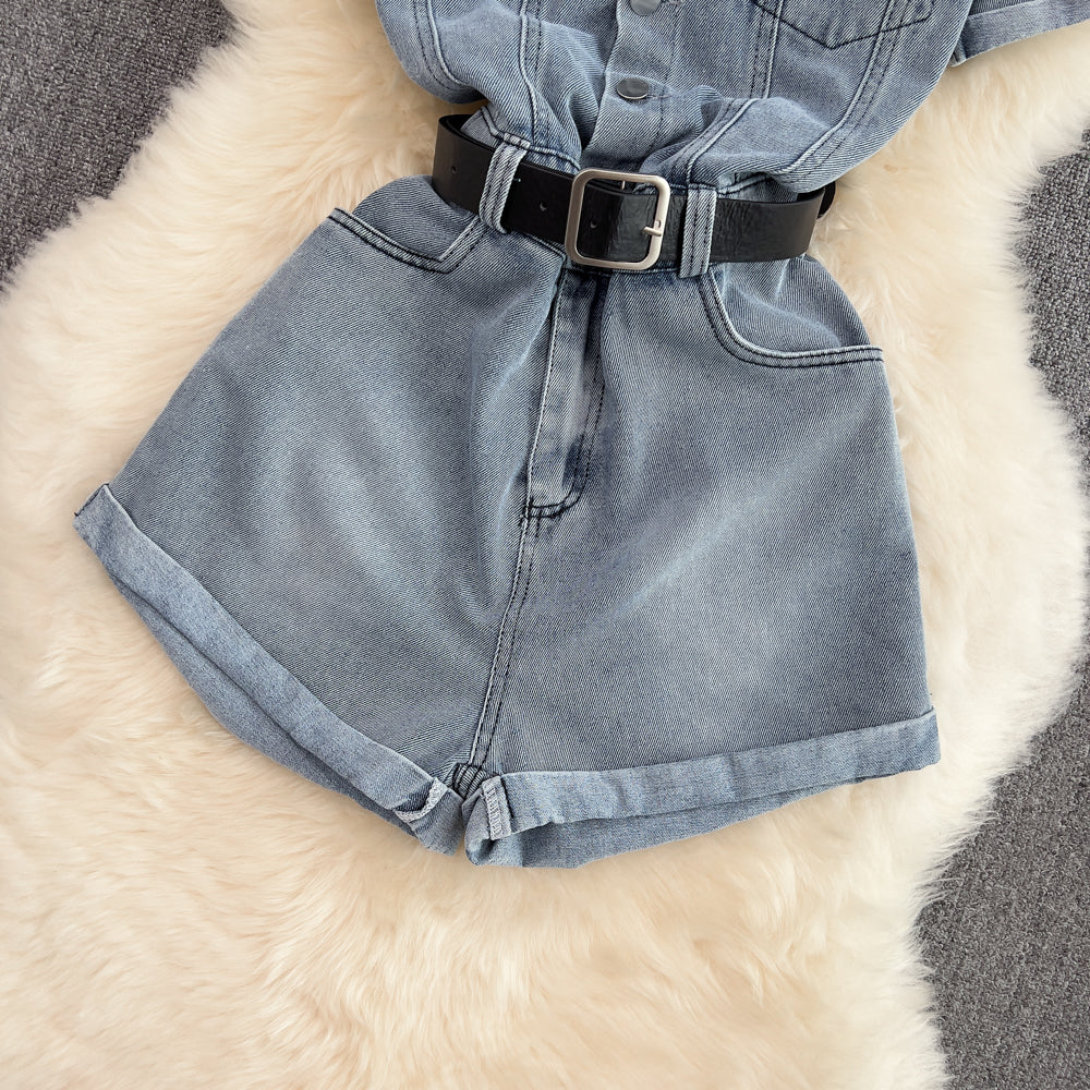 Vintage Lapeled Denim Romper