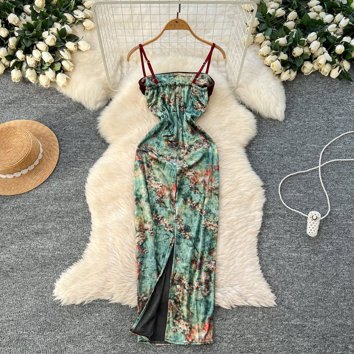 Vintage Ethnic Floral Split Slip Dress