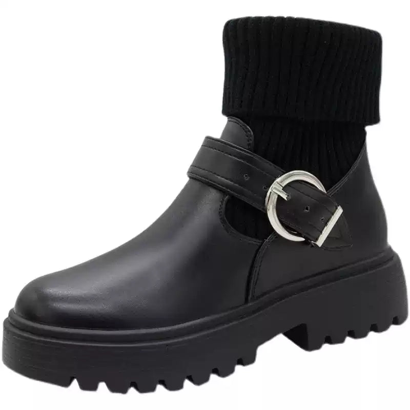 Knitted Patchwork Buckled PU Boots