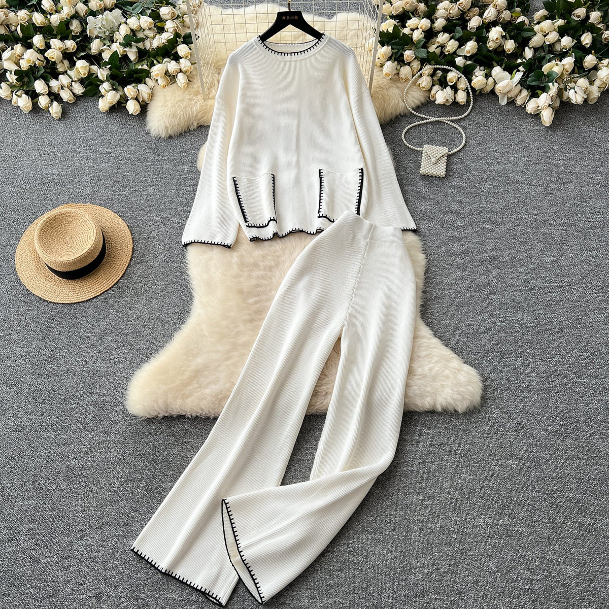 Round-collar Sweater&Trousers 2Pcs