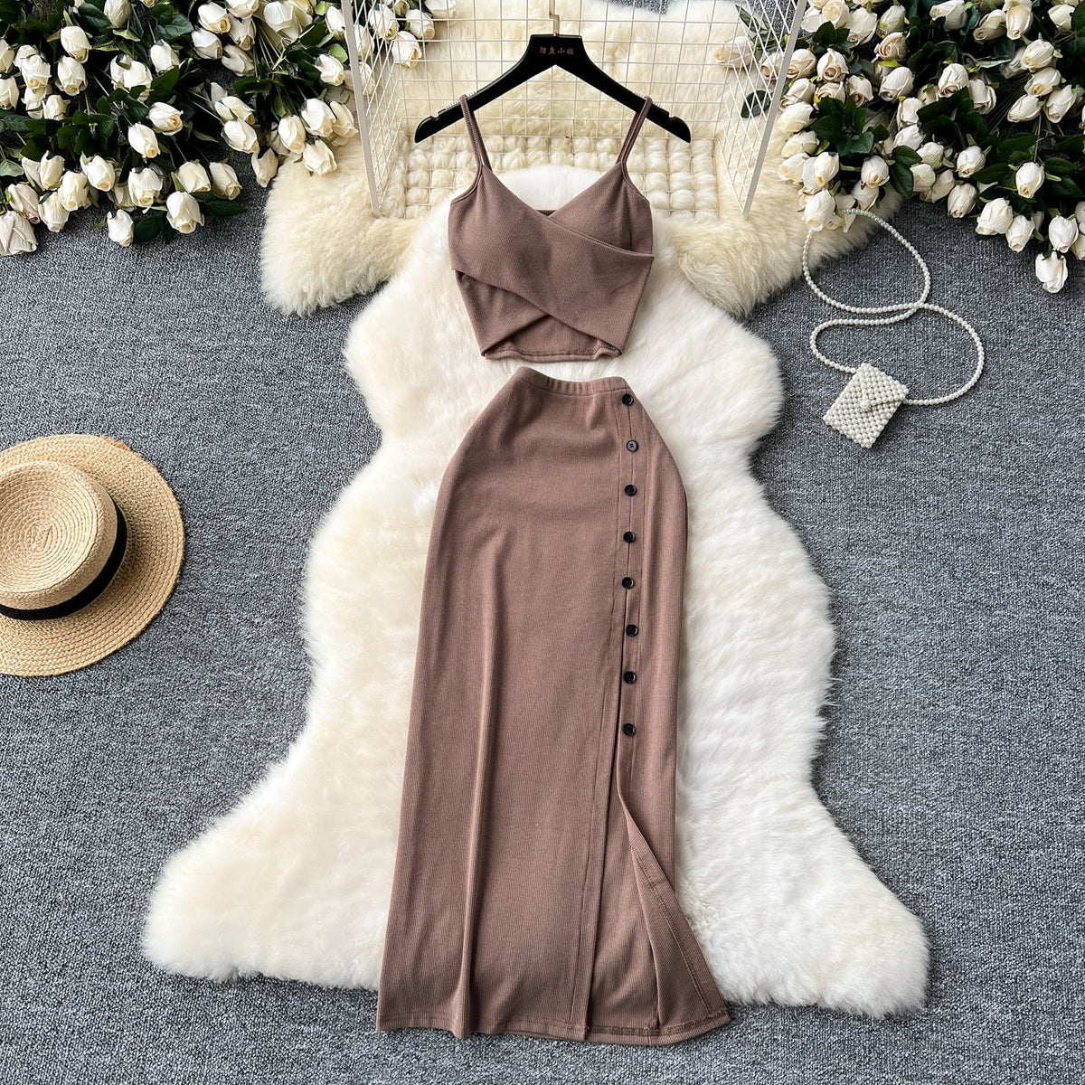 V-neck Camisole&Split Skirt Knitted 2Pcs