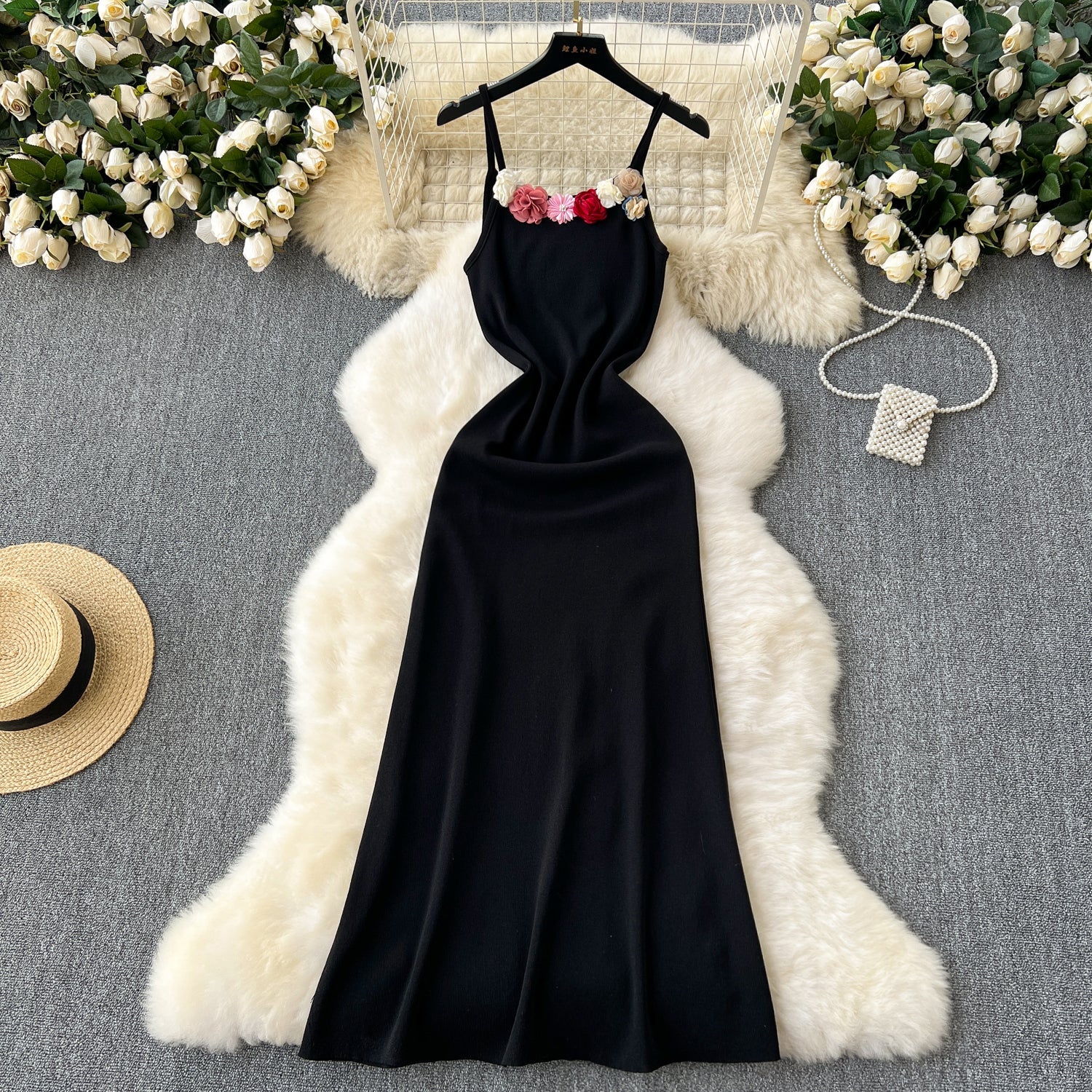 3d Floral Neckline Black Slip Dress