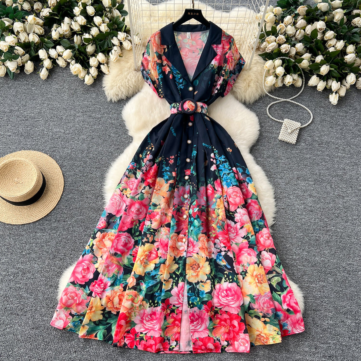 Vintage Colorful Floral Lapel Dress