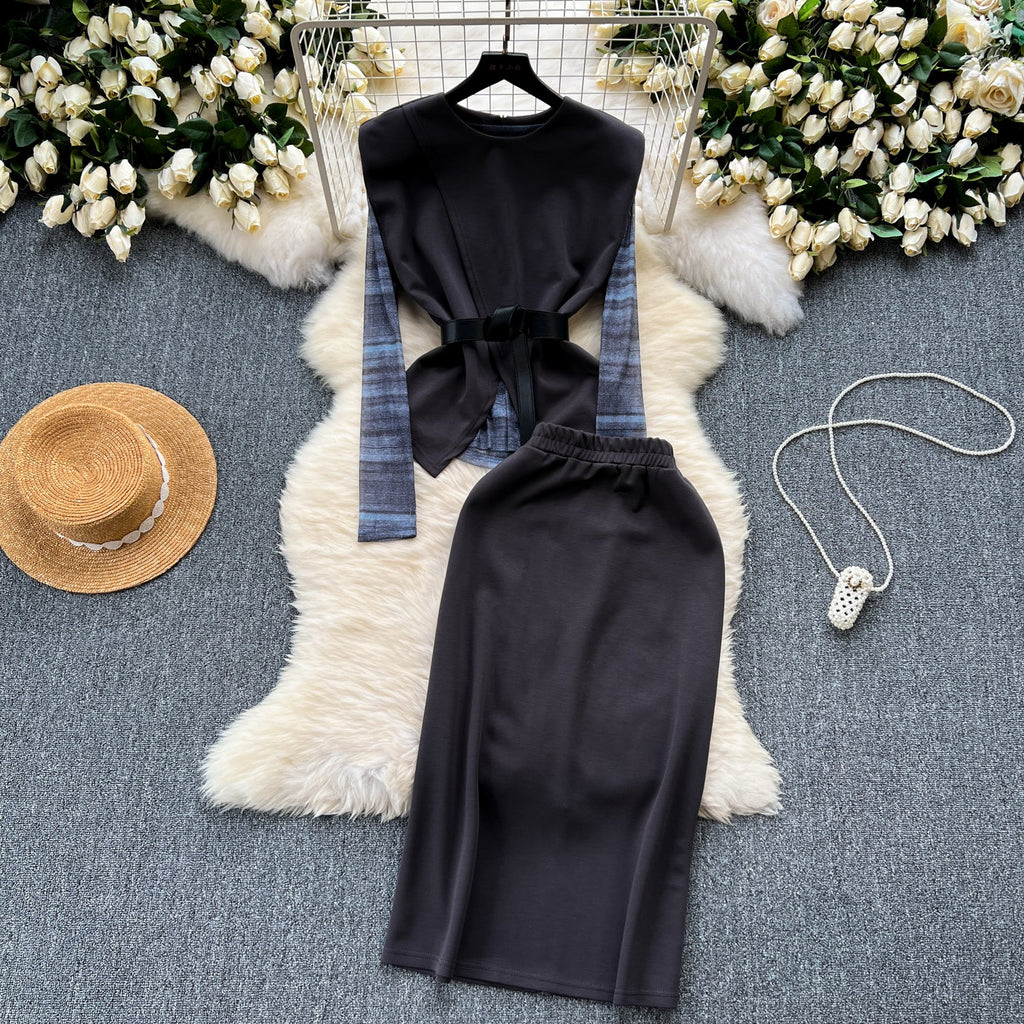 Patchwork Mesh Top&Black Skirt 3Pcs