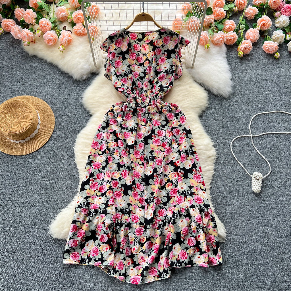 V-neck Elastic Waist Floral Dress