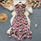V-neck Elastic Waist Floral Dress