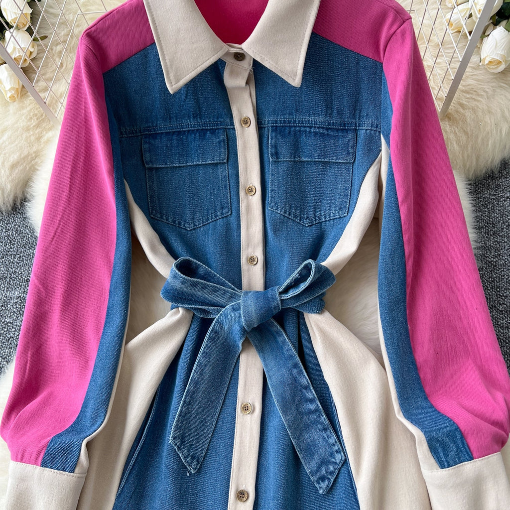 Vintage Lace-up Denim Patchwork Shirt Dress